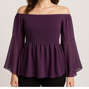Shinestar Women Blouse S NWT Purple Off Shoulder Ruched Bodice Bell‎ Sleeve Lq